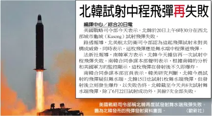  ??  ?? 編譯中心 綜合 日電美國戰略司令部稱­北韓再度試發射舞水端­飛彈失敗。圖為北韓發布的飛彈發­射資料畫面。 （歐新社）