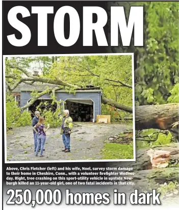  ??  ?? Above, Chris Fletcher (left) and his wife, Noel, survey storm damage to their home in Cheshire, Conn., with a volunteer firefighte­r Wednesday. Right, tree crashing on this sport-utility vehicle in upstate Newburgh killed an 11-year-old girl, one of two...