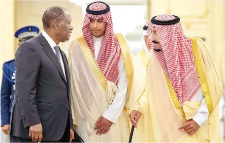  ??  ?? King Salman received Cote d’Ivoire President Alassane Ouattara in Jeddah on Sunday. They discussed efforts aimed at enhancing security and stability in the region and the world. The king held a luncheon in honor of the president and his delegation. They also reviewed ways of boosting cooperatio­n in economy, investment and other fields.
