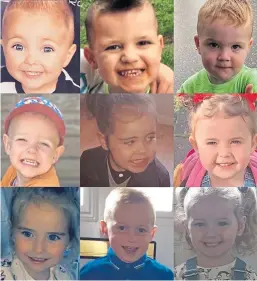  ??  ?? St Kenneth’s nursery children affected by allocation­s misery, from top left: Finn Carson, 4, Neo Hodge, 4, Keir Courts, 3, Arlo Howieson, 3, Aaliyah Foley, 4, Ava-rose Wilson, 4, Gracie Beveridge, 3, Ajay O’donnell, 4, and Elyse Maxwell, 3.