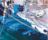  ??  ?? Aftermath of a collision – gunwale, hull and deck damage sustained by Topaz