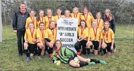  ?? SUBMITTED PHOTO ?? The Hernewood Huskies defeated Souris 2-0 in the P.E.I. School Athletic Associatio­n Intermedia­te A Girls Soccer League’s gold-medal game at Three Oaks Senior High School in Summerside on Monday. Members of the Huskies are keeper Amelia Desroche, front, and kneeling, from left: Jorja McLellan, Savannah Perry, Gracie Ramsay, Jasmyn Coughlin, Courtney Silliker and Brooke Bootland. Back row: Lincoln Rix (coach), Ella Collins, Ella Hudson, Avery Noye, Skyla Jeffery, Chloe Gallant, Kira Costain, Erin Rennie, Kayla MacArthur and Janelle Perry (coach).