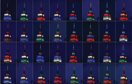  ?? Picture: AFP ?? This combinatio­n of pictures shows the colours of the national flags of the 32 countries participat­ing in the World Cup lighting up the Empire State Building in New York this week.