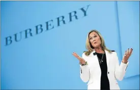  ?? Picture: BLOOMBERG ADAM SATARIANO and ADAM EWING
San Francisco ?? NEW ROLE: Outgoing Burberry CEO Angela Ahrendts addresses the DreamForce 2011 conference in San Francisco, California. Burberry has appointed Christophe­r Bailey to replace her.