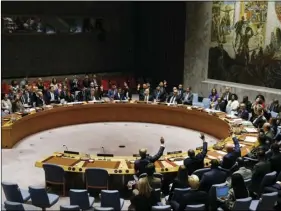  ?? AP PHOTO/JASON DECROW ?? The United Nations Security Council votes to pass a new sanctions resolution against North Korea during a meeting at U.N. headquarte­rs, on Monday.