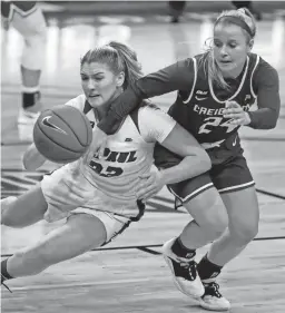  ?? SHAFKAT ANOWAR/AP ?? Creighton guard Chloe Dworak, right, defends against DePaul’s Jorie Allen on Saturday in Chicago.