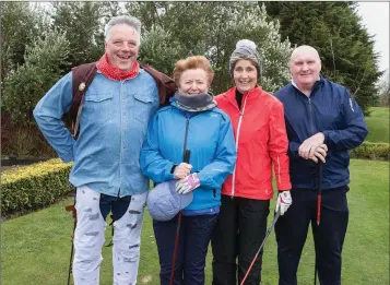  ??  ?? Peter Burgess (captain), Doreen McGettigan (lady captain at Wicklow Golf Club), Tina Meehan (lady captain) Ger Doyle (captain at Wicklow Golf Club) at the 2018 Drive In at Blainroe Golf Club.