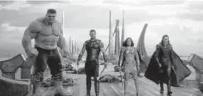  ?? null, Marvel Studios ?? This image released by Marvel Studios shows the Hulk, from left, Chris Hemsworth as Thor, Tessa Thompson as Valkyrie and Tom Hiddleston as Loki in a scene from, "Thor: Ragnarok."