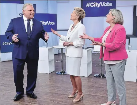 ?? FRANK GUNN THE CANADIAN PRESS ?? Liberal Premier Kathleen Wynne, centre, Progressiv­e Conservati­ve Leader Doug Ford, left, and NDP Leader Andrea Horwath take part in the Ontario leaders debate in Toronto on Monday. This was the first of three debates scheduled before the June 7 vote.