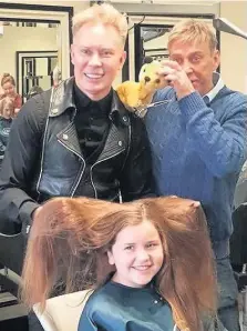  ??  ?? Left, Lucy Podmore with hairdresse­r Nick Malenko, Sooty (also inset) and entertaine­r Richard Cadell. Right, Lucy after donating her hair.