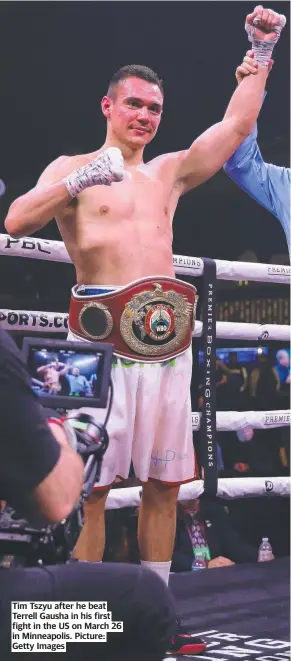  ?? ?? Tim Tszyu after he beat Terrell Gausha in his first fight in the US on March 26 in Minneapoli­s. Picture: Getty Images