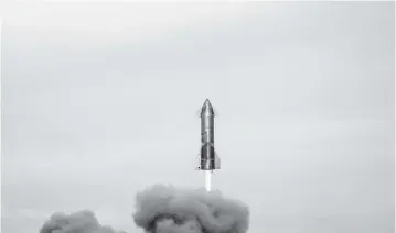  ?? SpaceX/TNS ?? SpaceX launches SN10, as in serial number 10, version of its next-generation rocket. Plans call for tourists to ride a SpaceX Starship shuttle to Voyager Station for a vacation in space.