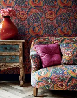  ??  ?? THIS PAGE Bode’s selection of home textiles includes ethnicinsp­ired details such paisley and ikat from brands including Spring Rhythm and Liberty Art Fabrics OPPOSITE PAGE A jungalowst­yle print from Timorous Beasties, also carried by Bode