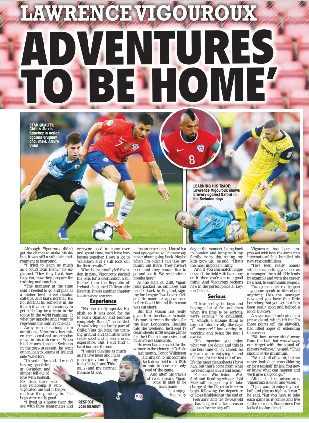  ??  ?? STAR QUALITY: Chile’s Alexis Sanchez in action against Uruguay and, Inset, Arturo Vidal
RESPECT: Jobi McAnuff
LEARNING HIS TRADE: Lawrence Vigouroux shows bravery against Oxford in his Swindon days