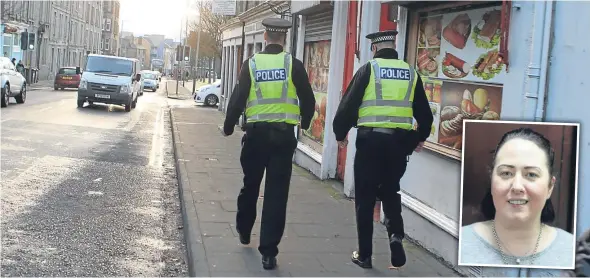  ??  ?? Police on the street in Maryfield and Wendy Sturrock, a local resident and business owner.