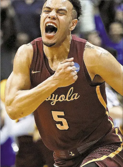  ?? GETTY ?? Marques Townes of Edison, N.J., makes biggest bucket yet during Loyola-Chicago’s surprising NCAA tournament run, hitting late 3-pointer that puts Ramblers up by four points before they hold on for one-point victory over Nevada that sends them into...