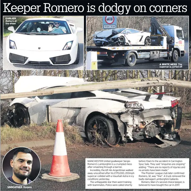  ??  ?? EARLIER Romero at the wheel
UNSCATHED
Romero
A WHITE MESS The supercar is carted off