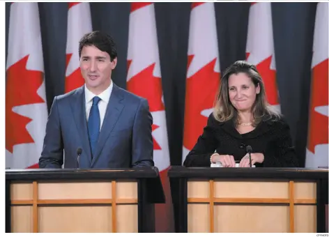  ?? CP PHOTO ?? Prime Minister Justin Trudeau and Minister of Foreign Affairs Chrystia Freeland hold a press conference regarding the United StatesMexi­co-Canada Agreement (USMCA) in Ottawa on Monday.