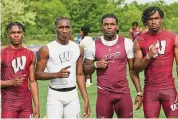  ?? ?? Windsor's 4X100 team, (from left) Damion Sparrow, Maxim Copeland, Achillius White and Taeshawn Berry, set a new personal record at the its meet against Bloomfield. May 16, 2023.