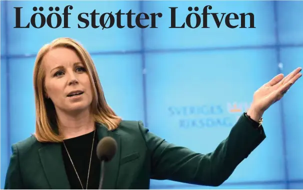  ?? FOTO: TT / NTB SCANPIX ?? Centerpart­iets leder Annie Lööf sier hun nå vil støtte Stefan Löfven som fortsatt statsminis­ter i Sverige. Men det har sittet langt inne, erkjenner hun.