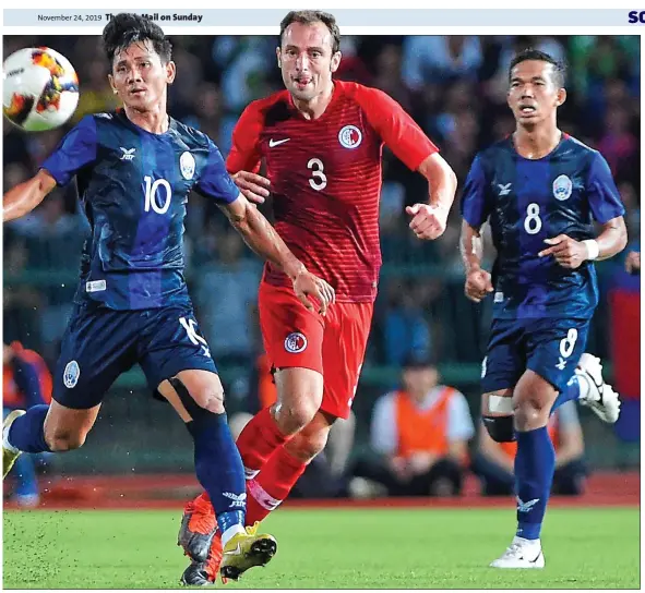  ??  ?? DEVELOPING: Cambodia taking on Hong Kong, Svay Rieng games get crowds of around 3,000 but the national side can attract over 50,000