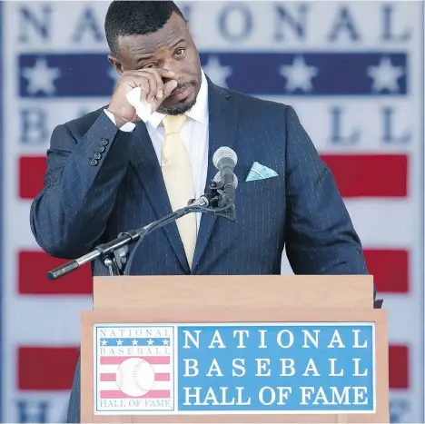  ?? MIKE GROLL/THE ASSOCIATED PRESS ?? Ken Griffey Jr. tears up at his induction into the Baseball Hall of Fame on Sunday in Cooperstow­n, N.Y.