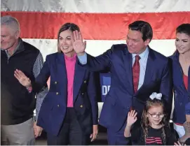  ?? PHOTOS BY BRYON HOULGRAVE/AP ?? Gov. Kim Reynolds, second from left, joins Republican presidenti­al candidate Florida Gov. Ron DeSantis onstage Monday during a rally in Des Moines.