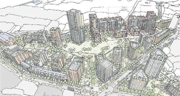  ?? ?? An artist’s impression of the proposed City Centre North developmen­t in Portsmouth, with the two first phase buildings identified