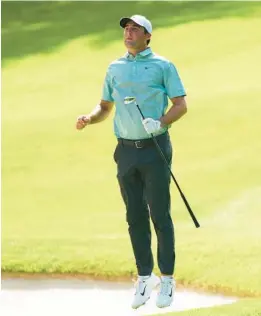  ?? KEVIN C. COX/GETTY ?? Scottie Scheffler jumps on the sixth hole during the third round of the Tour Championsh­ip on Saturday at East Lake Golf Club in Atlanta, Georgia.