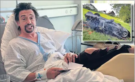  ??  ?? Hammond in a Swiss hospital yesterday, and inset, supercar after it burned out. Left, charging the electric vehicle and, right, moment of the crash