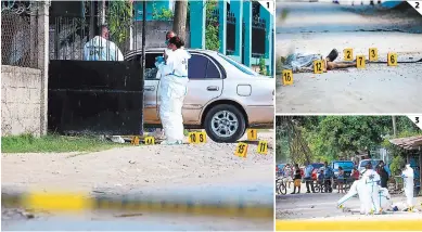  ?? FOTOS: EL HERALDO ?? (1) La masacre ocurrió en una de las calles de la colonia La Pradera, de San Pedro Sula. (2) El cuerpo del sexagenari­o Juan Velásquez quedó tirado en la calle. (3) Agentes policiales recabaron las pesquisas.