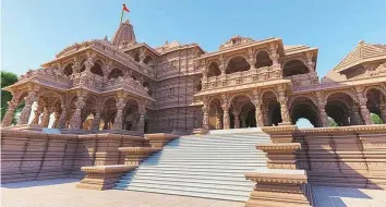  ?? PTI ?? ■
Proposed model of Ram Janmbhoomi Mandir in Ayodhya. Prime Minister Narendra Modi will lay five silver bricks to mark the beginning of the constructi­on of the proposed temple.