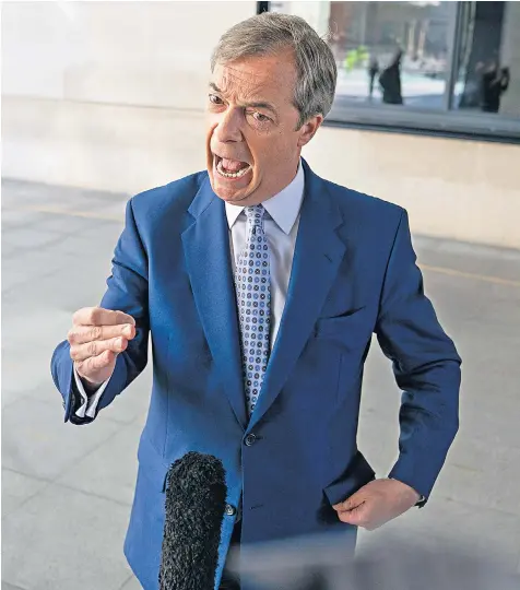  ??  ?? Brexit Party leader Nigel Farage speaks to the media yesterday outside Broadcasti­ng House after the Andrew Marr interview
