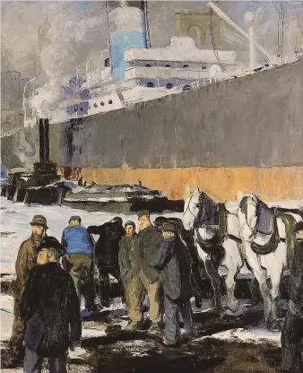  ?? ?? Banchine di New York. George Bellows, «Men of the Docks» (particolar­e, 1912), Londra, The National Gallery