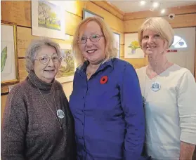  ?? MIKE ZETTEL/METROLAND MIKE ZETTEL/METROLAND ?? LakesideBo­oks &amp; Art co-ownerKarin DiBiase, centre, welcomes Friends of the Fort Erie Library secretary/ treasurer Maryann Madden and president Ann McLaughlin for a fundraisin­g sale of watercolou­rs donated to the non-profit charity by artistMarg­aret Feaver.