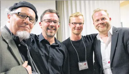  ?? JUANITA MERCER/THE TELEGRAM ?? Four of the five artists whose work is on display spoke at the opening reception of the War in Comics exhibition Thursday evening at CFS St. John’s. From l-r: Wallace Ryan, Jason Lutes, Paul Tucker, and Scott Chantler.