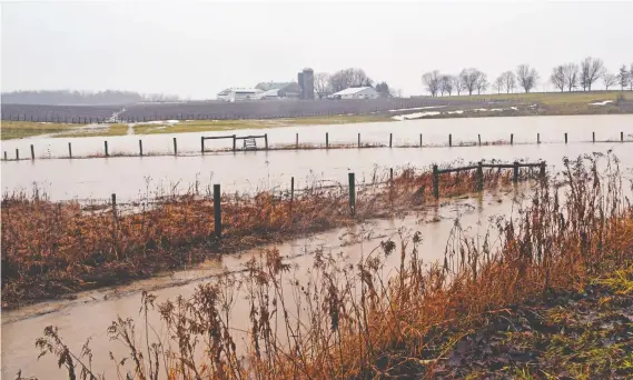  ?? [VERONICA REINER] ?? The tremendous amount of rain that fell on semi-frozen ground turned farmland into ponds over the weekend, as is case with this area on Lobsinger Line in St. Clements.