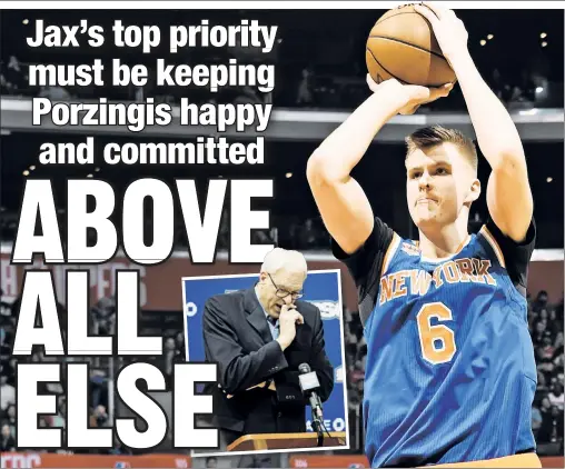  ?? Getty Images; Robert Sabo ?? FIRST THINGS FIRST: Kristaps Porzingis has expressed his unhappines­s with the direction of the Knicks, and it falls to team president Phil Jackson (inset) to get the future of the franchise back on board.