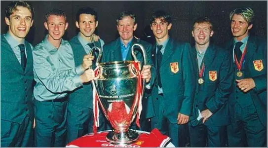  ??  ?? Champions League pride: Eric Harrison with Phil Neville, Nicky Butt, Ryan Giggs, Gary Neville, Paul Scholes and David Beckham