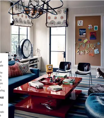  ??  ?? THIS PAGE
A playful mix of patterns animate the children’s playroom; in the son’s bedroom, a wall mural by Benjamin Moore celebrates his passion for surfing
OPPOSITE PAGE
The custommade hexagonal pendant light makes a dramatic contrast to the linear patterns of the grand stairway