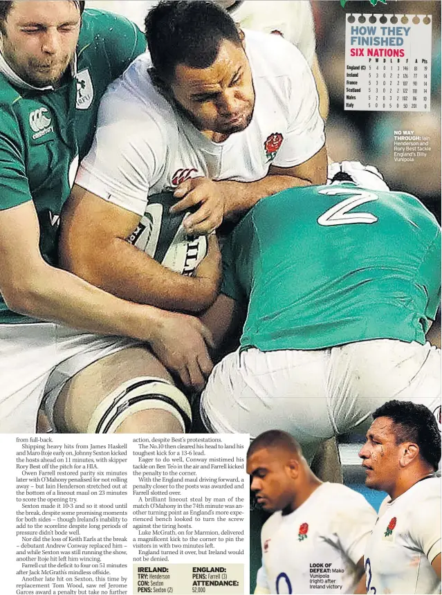  ??  ?? LOOK OF DEFEAT: Mako Vunipola (right) after Ireland victory NO WAY THROUGH: Iain Henderson and Rory Best tackle England’s Billy Vunipola