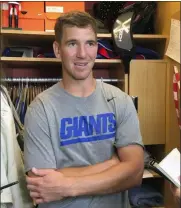  ?? TOM CANAVAN - THE ASSOCIATED PRESS ?? New York Giants quarterbac­k Eli Manning speaks with the media in East Rutherford, N.J., Wednesday, Sept. 4, 2019.