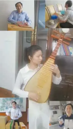  ?? ?? Percussion­ist Wang Yinrui and his wife Liu Xuexian have musical fun at home during the city’s COVID-19 lockdown.