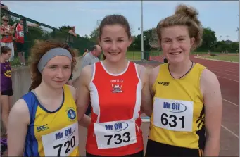  ??  ?? The top three in the girls’ Under-17 javelin (from left): Hannah Kelly (Taghmon, third), Blanaid Fogarty (Enniscorth­y, first) and Rachel Power (Adamstown, second).