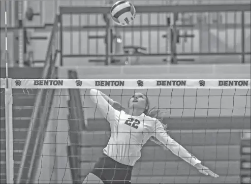  ?? Courier file photo ?? Benton senior Hannah Brewer goes up to spike the ball in a match last season. Brewer returns to the Lady Panthers after leading Benton in kills and blocks last year.