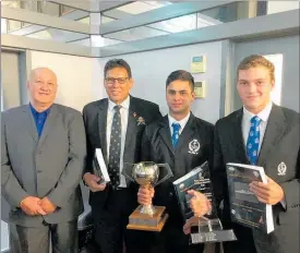  ?? PICTURE / SUPPLIED ?? NEXT GENERATION: Author Jack Donnelly (left) and former All Black captain Wayne Shelford with two of the Navy’s new generation of sports stars, Oziah Duff-Feu’u and Euan Sapwell.