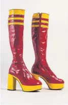  ??  ?? Above, red and yellow “wet look” patent leather platform boots, from about 1973 in the Fashion Museum’s Shoephoria! display. If you remember the 1970s, you’ll remember things like this. Also broken ankles