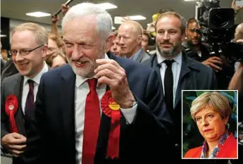  ?? PHOTOS: FRANK AUGSTEIN AND ALASTAIR GRANT/AP ?? FACES TELL THE STORY: Labour party leader Jeremy Corbyn arrives for the declaratio­n of results in his constituen­cy in London. Inset: Prime Minister Theresa May listens as the declaratio­n at her constituen­cy is made in Maidenhead.