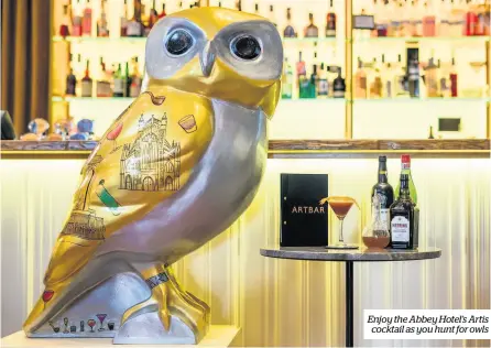  ??  ?? Enjoy the Abbey Hotel’s Artis cocktail as you hunt for owls