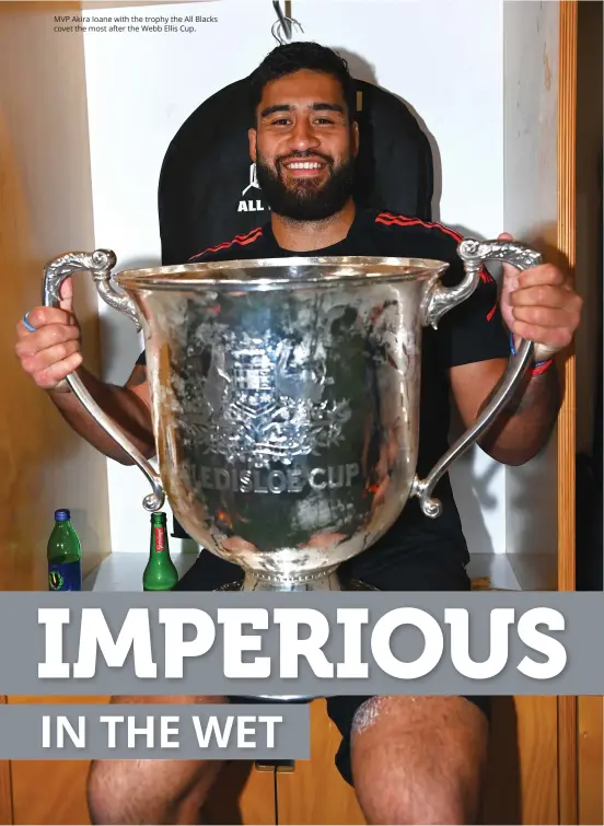  ??  ?? MVP Akira Ioane with the trophy the All blacks covet the most after the webb ellis Cup.